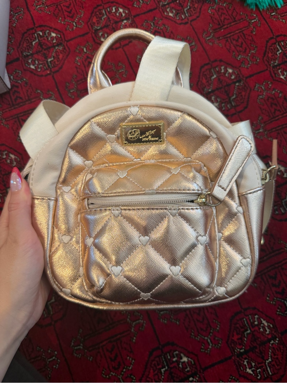 Betsey Johnson Metallic Gold Quilted Heart Mini Backpack